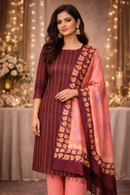 Slub Cotton Dobby Weave Unstitched Suit- 3 Piece in Wine & Peach with elegant designs for women.