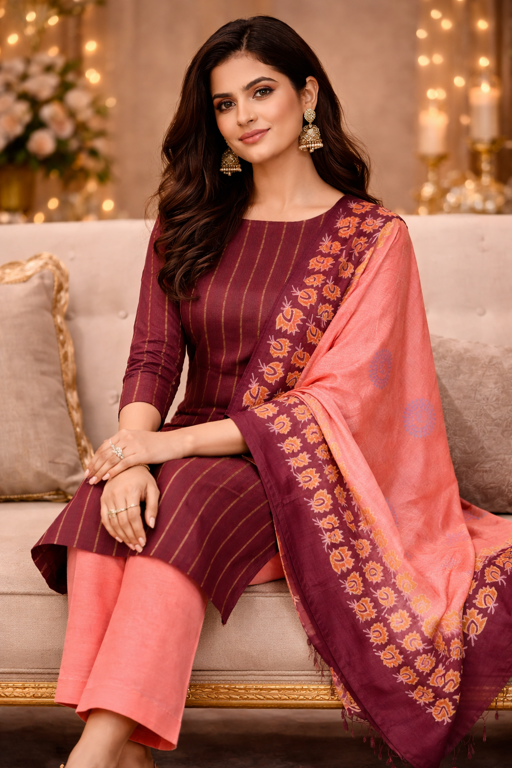 Slub Cotton Unstitched Suit - 3 Piece (Wine & Peach) showcased by a woman in traditional attire, elegant and stylish.