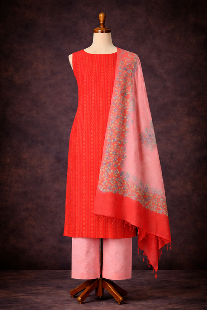 Slub Cotton Unstitched Suit - 3 Piece (Red & Pink) displayed on a mannequin, featuring vibrant colors and elegant design.