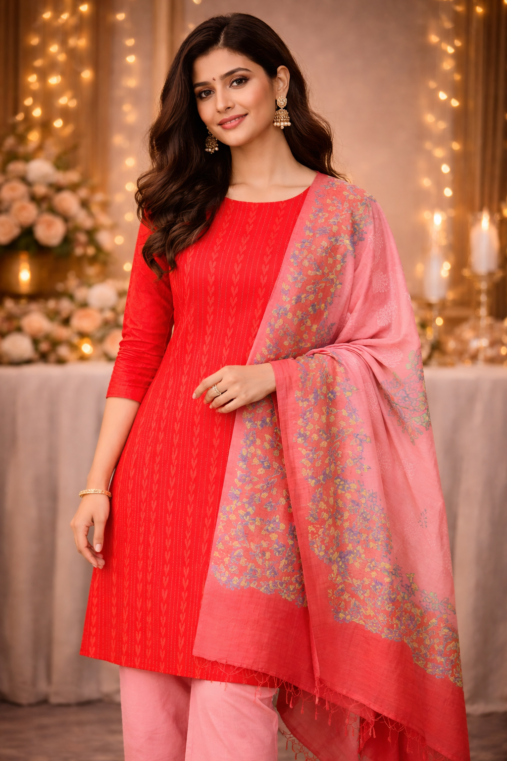 Slub Cotton Dobby Weave Unstitched Suit- 3 Piece (Red & Pink) worn by woman with floral dupatta.