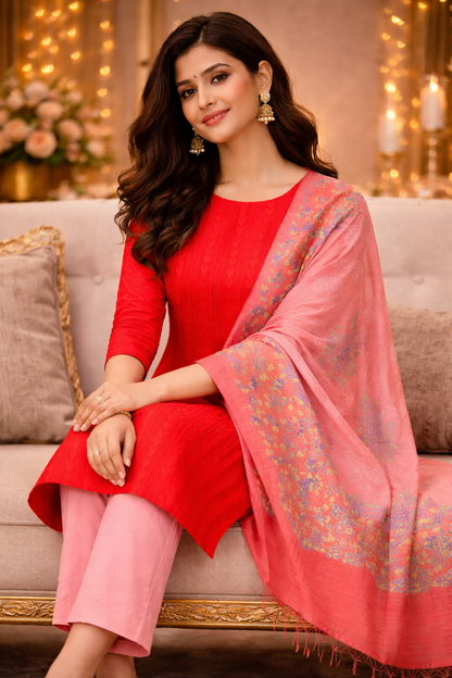 Model showcasing a Slub Cotton Unstitched Suit in red and pink, featuring elegant detailing and comfortable fit.