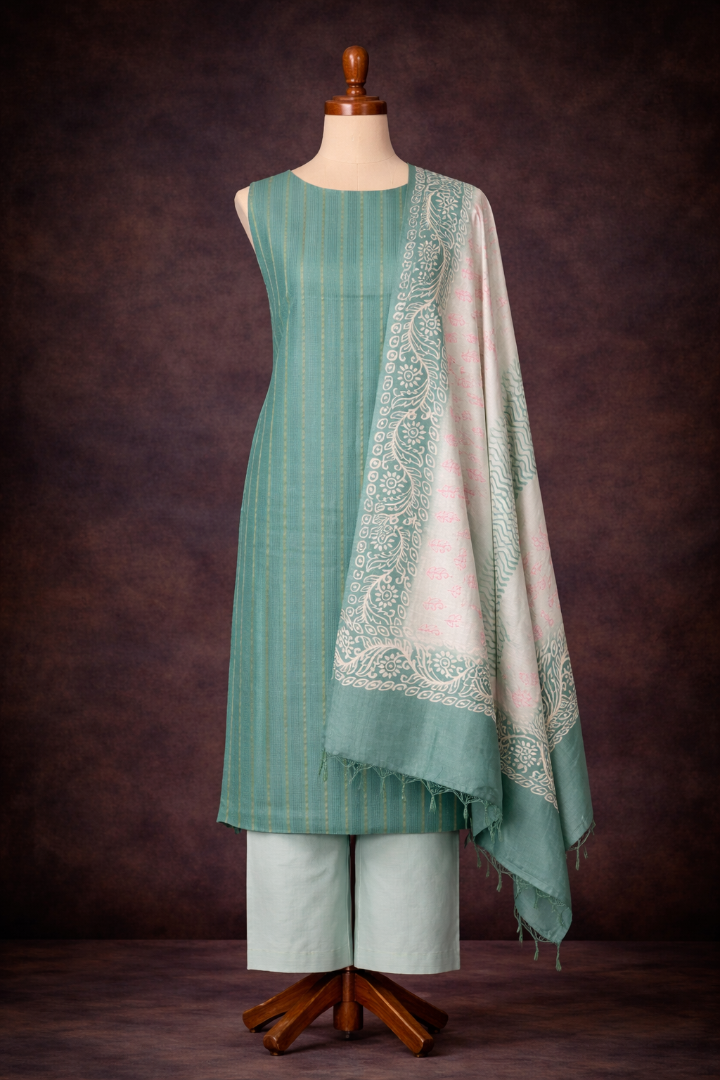 Unstitched slub cotton suit featuring dark green kurta, light green bottom, and artistic dupatta.