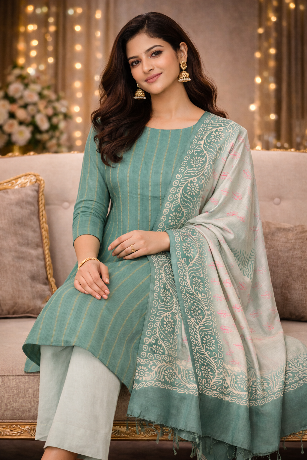 Unstitched slub cotton suit in dark green and light green worn by a woman, showcasing elegant ethnic wear style.