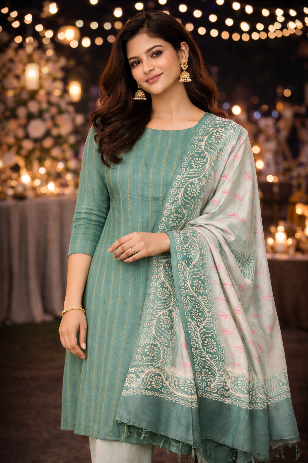 Unstitched slub cotton suit in dark green and light green, featuring elegant craftsmanship and intricate detailing.