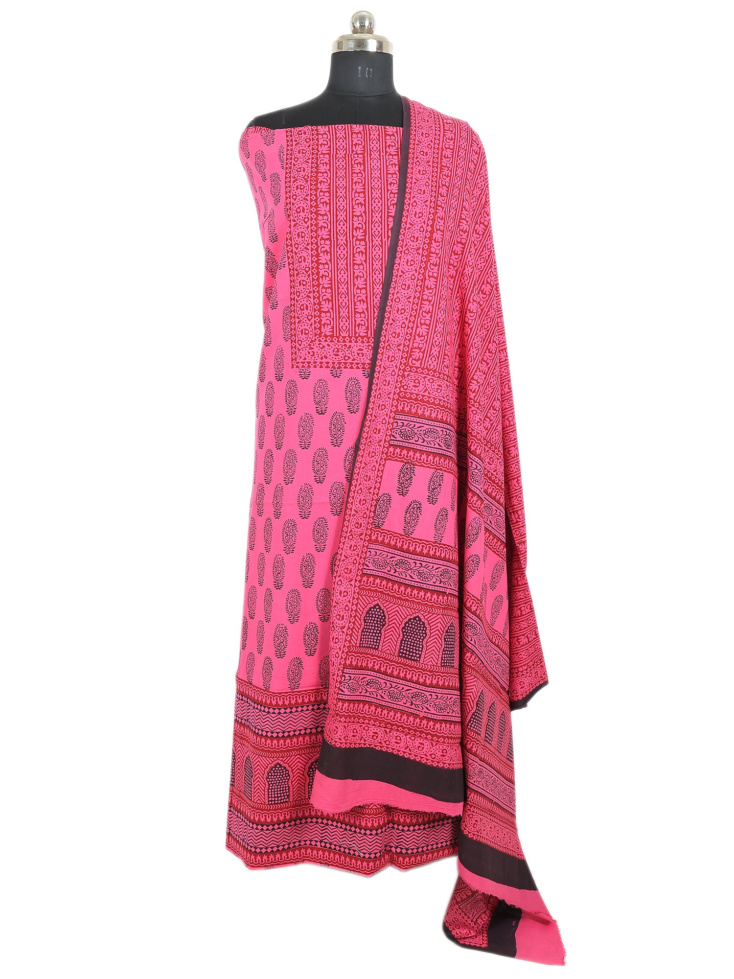 Bagh Handblock Print Cotton Unstitched Suit in Dark Pink showcasing intricate patterns and traditional craftsmanship.