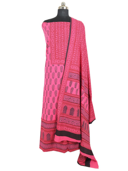 Bagh Handblock Print Cotton Unstitched Suit in Dark Pink showcasing intricate patterns and traditional craftsmanship.