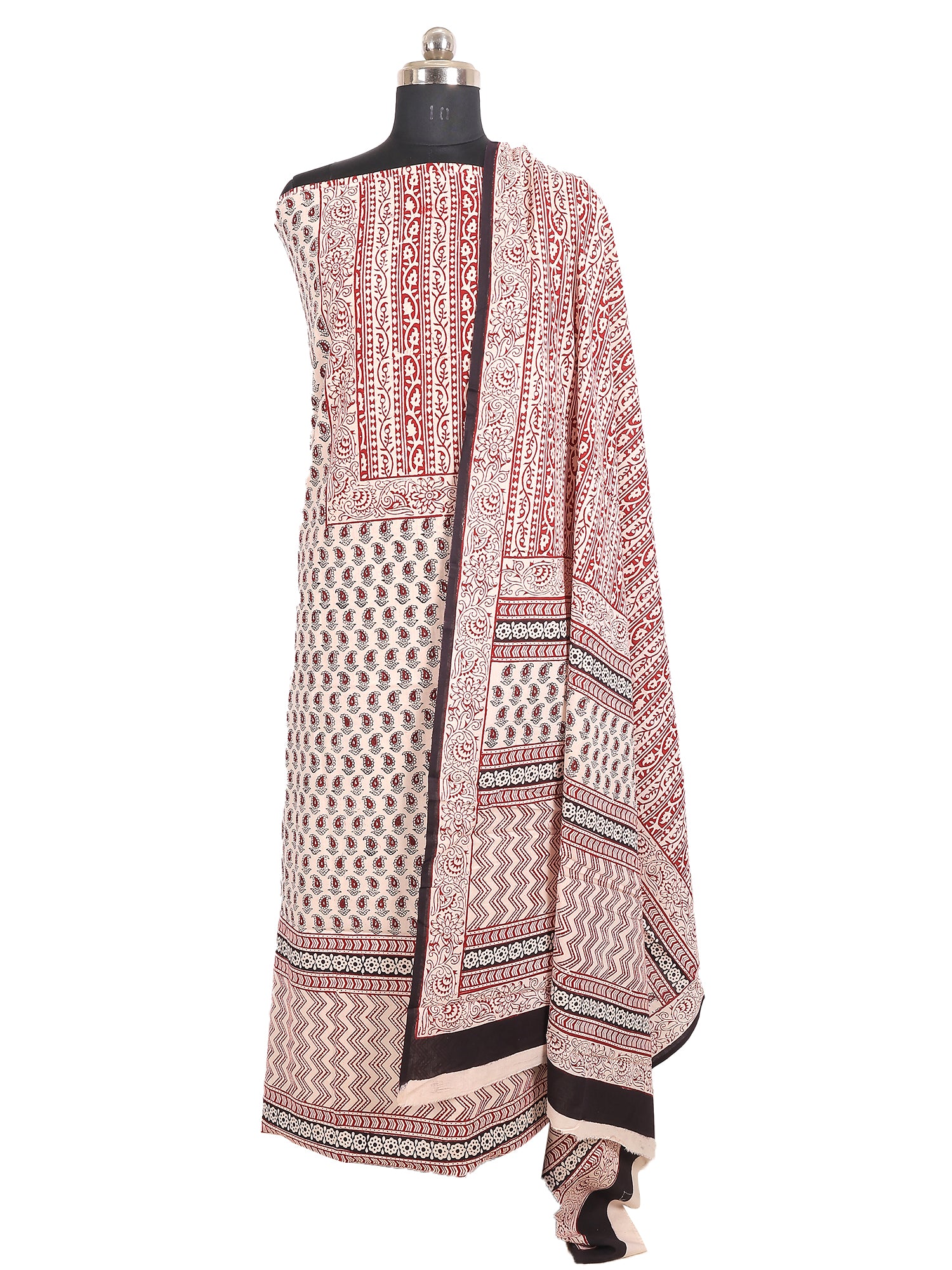 Bagh Handblock Print Cotton Suit Set in vibrant red and ivory patterns on a mannequin.