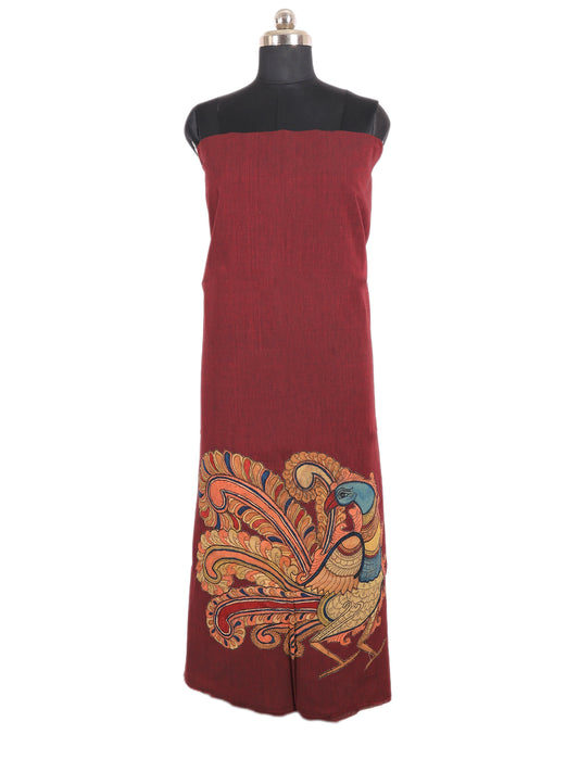 Mangalagiri Cotton Unstitched Kurti in Maroon with Bangalore Silk Applique Work featuring a colorful peacock design