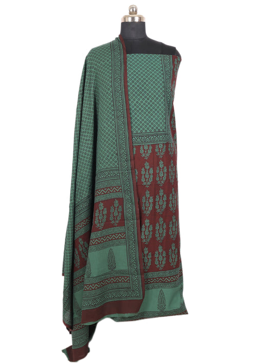 Bagh Handblock Print Cotton Unstitched 3 Piece Suit in Sage Green and Maroon with intricate designs.