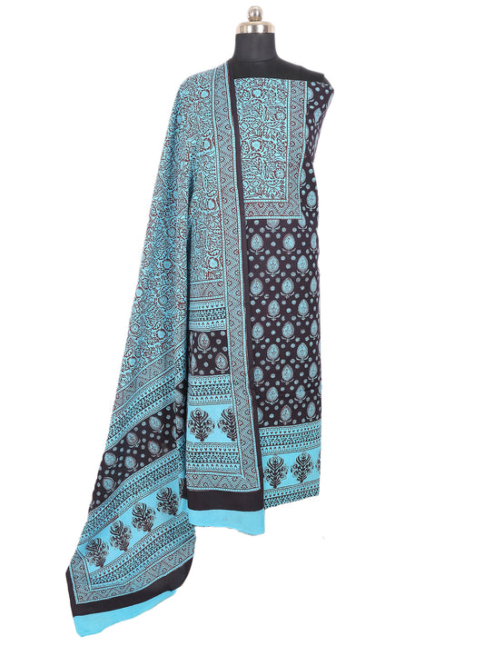Bagh Handblock Print Cotton Suit Set in Black and Blue with intricate designs and elegant finish.