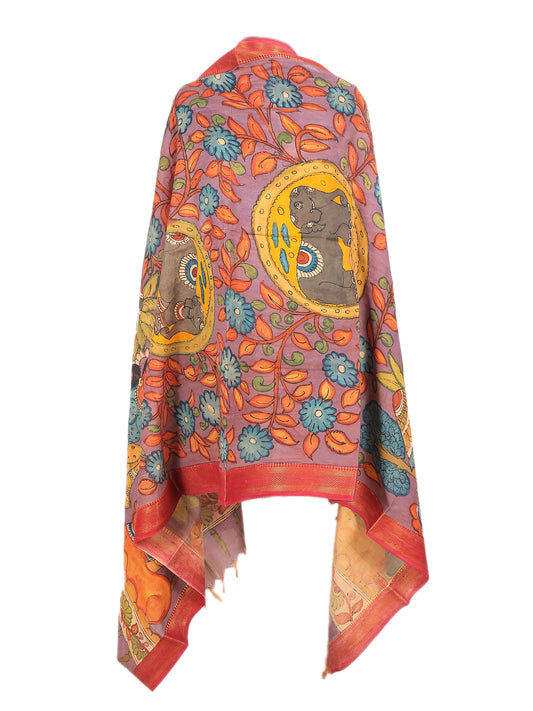 Pen Kalamkari hand painted Bangalore silk dupatta in mauve with intricate floral designs and vibrant colors.