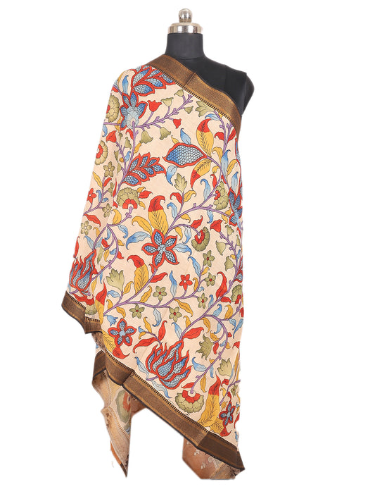 Pen Kalamkari Hand Painted Bangalore Silk Dupatta in ivory with vibrant floral patterns.