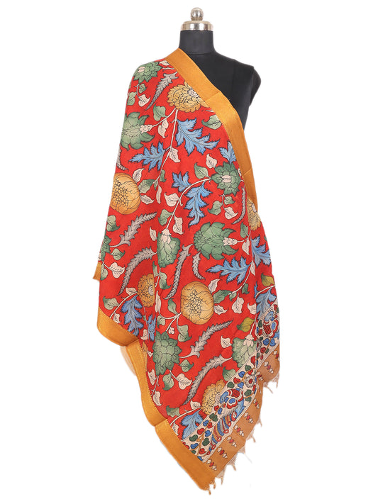 Pen Kalamkari Hand Painted Bangalore Silk Dupatta in vibrant crimson red with intricate floral patterns.