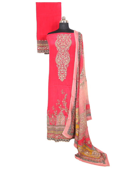 RAAS Pure Crepe Unstitched Suit in Fuchsia with intricate embroidery and matching dupatta