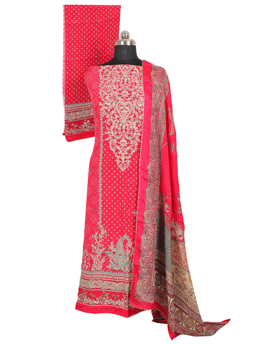 RAAS Pure Crepe Unstitched Suit 3-Piece Set in Scarlet Red with Antique Multicolour Dupatta