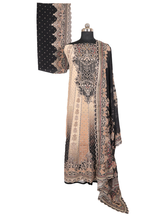 Raas Pure Crepe Unstitched Suit in Black & Beige Anarkali Pattern, 3-piece handcrafted set for elegance.