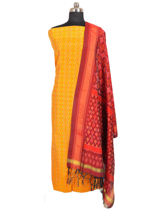 Sico Silk handcrafted Ikat inspired mustard yellow and crimson red 2-piece suit set displayed on a mannequin.