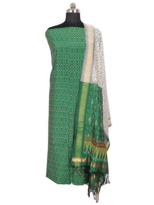 SICO Silk Top & Dupatta - 2 Pc in emerald green and ivory, showcasing handcrafted Ikat patterns.