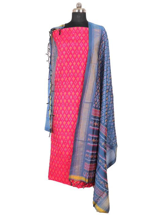 SICO Silk Top & Dupatta – 2 Pc in Fuchsia Pink and Indigo Blue with handcrafted Ikat pattern.