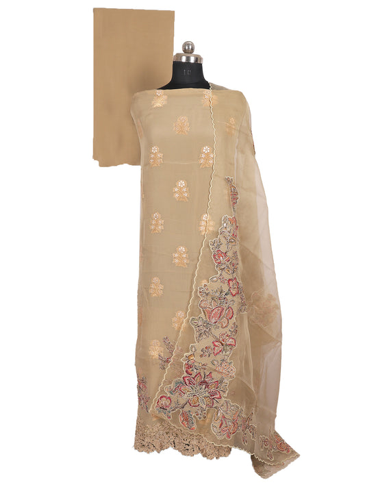 RAAS Pure Soft Organza unstitched suit in dull golden with applique patch detailing and matching dupatta.