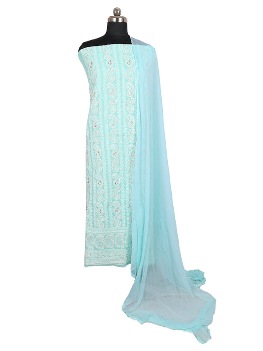 Lucknowi Chikankari Unstitched Suits – Elegant Hand-Embroidered (Sea Green)