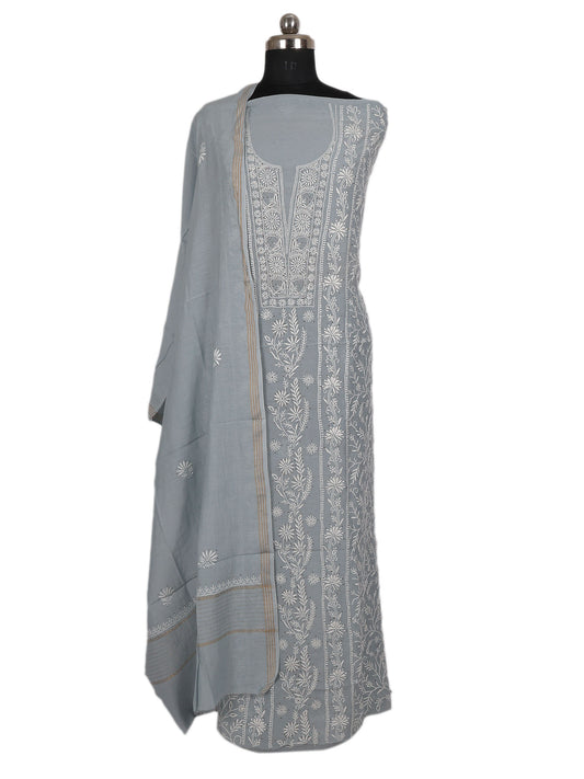 Lucknowi Chikankari Unstitched Suit 2 Pc–  Double Thread Hand-Embroidered (Grey Top)