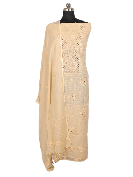Lucknowi Chikankari Kota Doria  with Badla work Unstitched Suit- 3 Piece (Dusky Yellow)