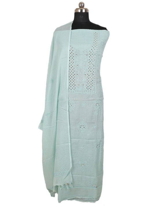 Lucknowi Chikankari Kota Doria  with Badla work Unstitched Suit- 3 Piece (Powder Blue)