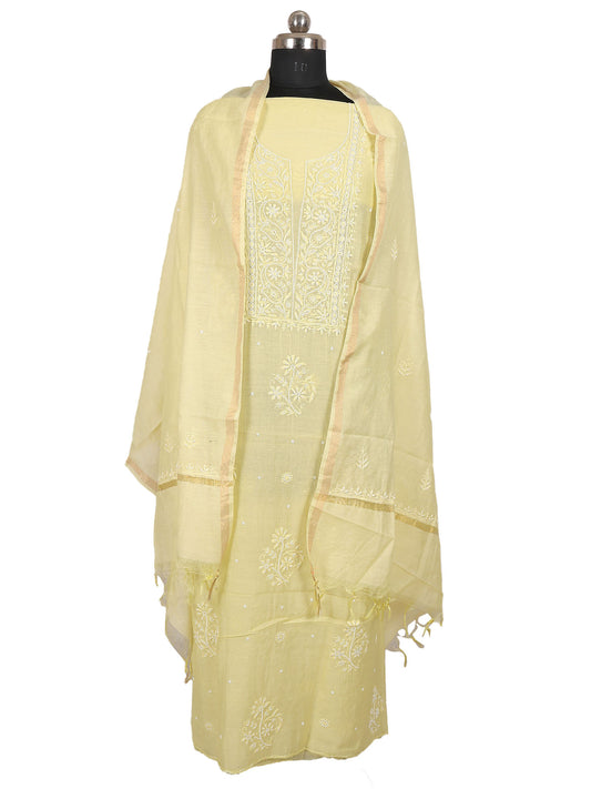 Lucknowi Chikankari Unstitched Suit 2 Pc– Mul Chanderi (Lime Colour)