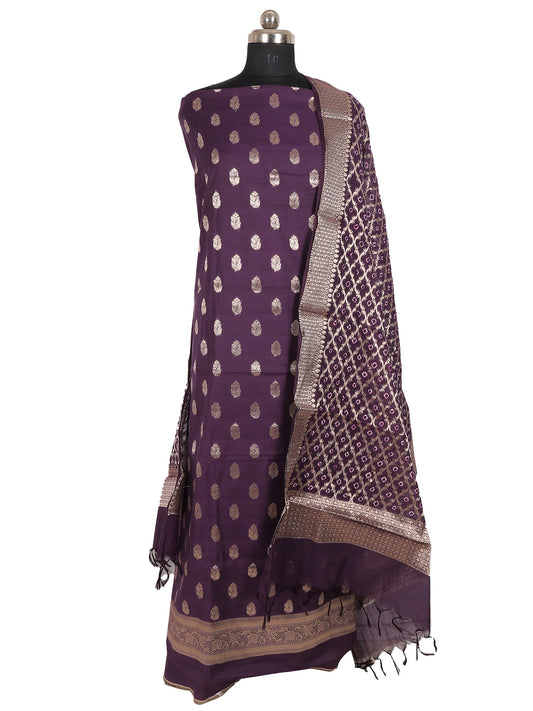 Banarasi Chanderi Cotton Unstitched Suit- 3 Piece (Deep Purple)