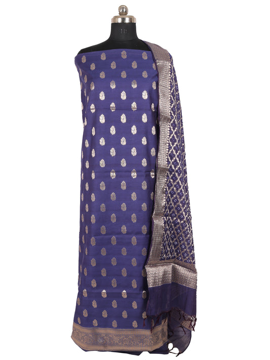 Banarasi Chanderi Cotton Unstitched Suit- 3 Piece (Royal Blue)