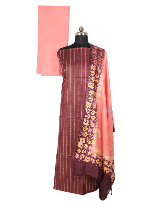 Slub Cotton Dobby Weave Unstitched Suit- 3 Piece (Wine & Peach)