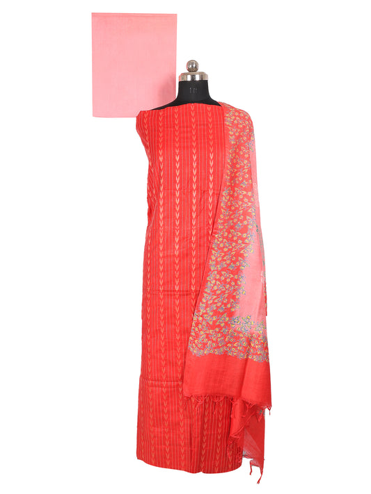 Slub Cotton Dobby Weave Unstitched Suit- 3 Piece (Red & Pink)