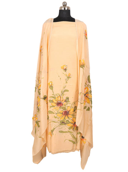 Hand painted muslin suit in light peach with floral design, perfect for summer elegance and casual wear.