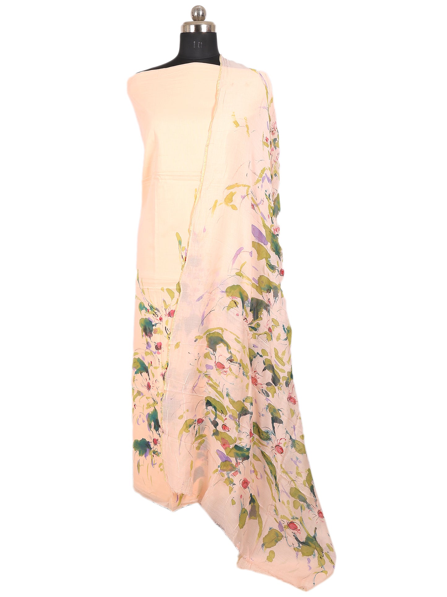 Hand Painted Cambric Cotton Unstitched Suit – 3 Piece (Light Peach) with floral motifs on the dupatta.