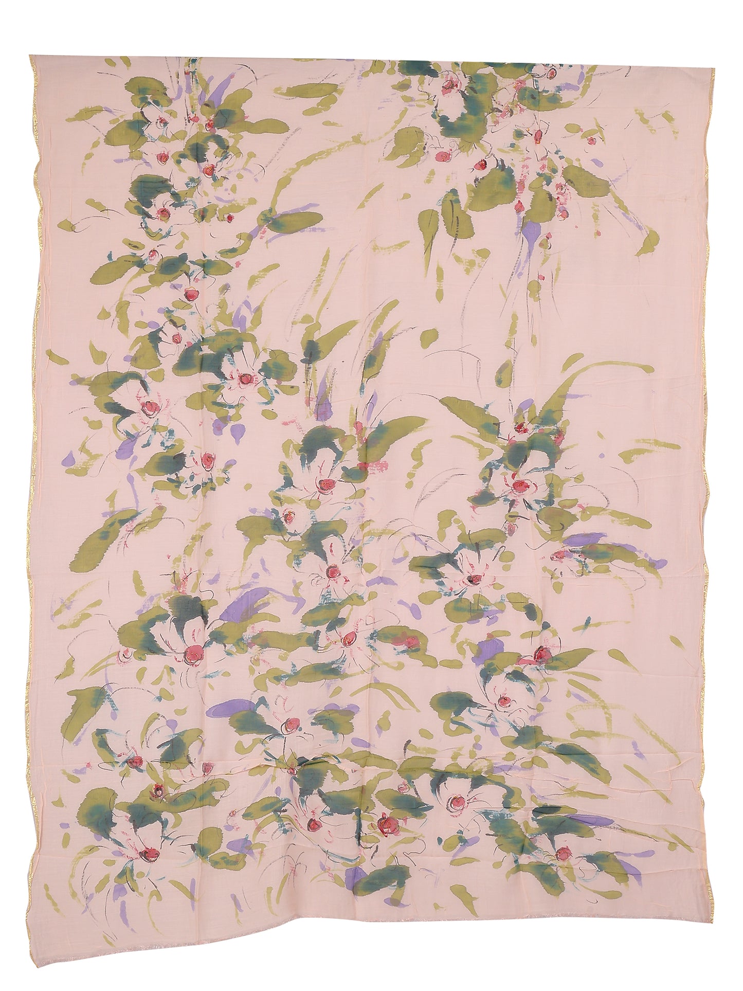Hand painted cambric cotton unstitched suit fabric with floral motifs on a light peach background.