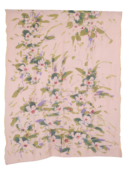 Hand painted cambric cotton unstitched suit fabric with floral motifs on a light peach background.