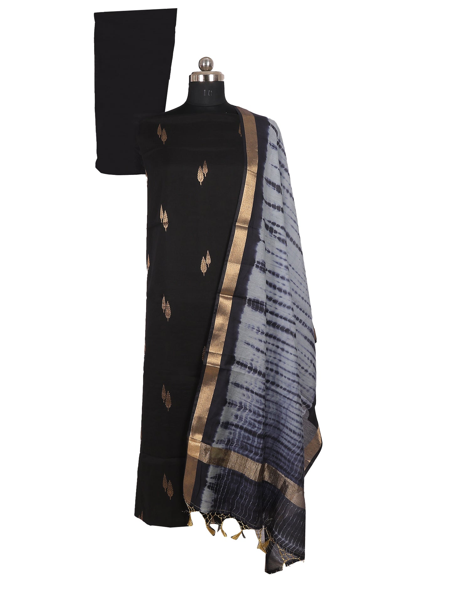Banarasi Chanderi cotton suit with stitched pant in black, featuring elegant gold motifs and stylish drape.