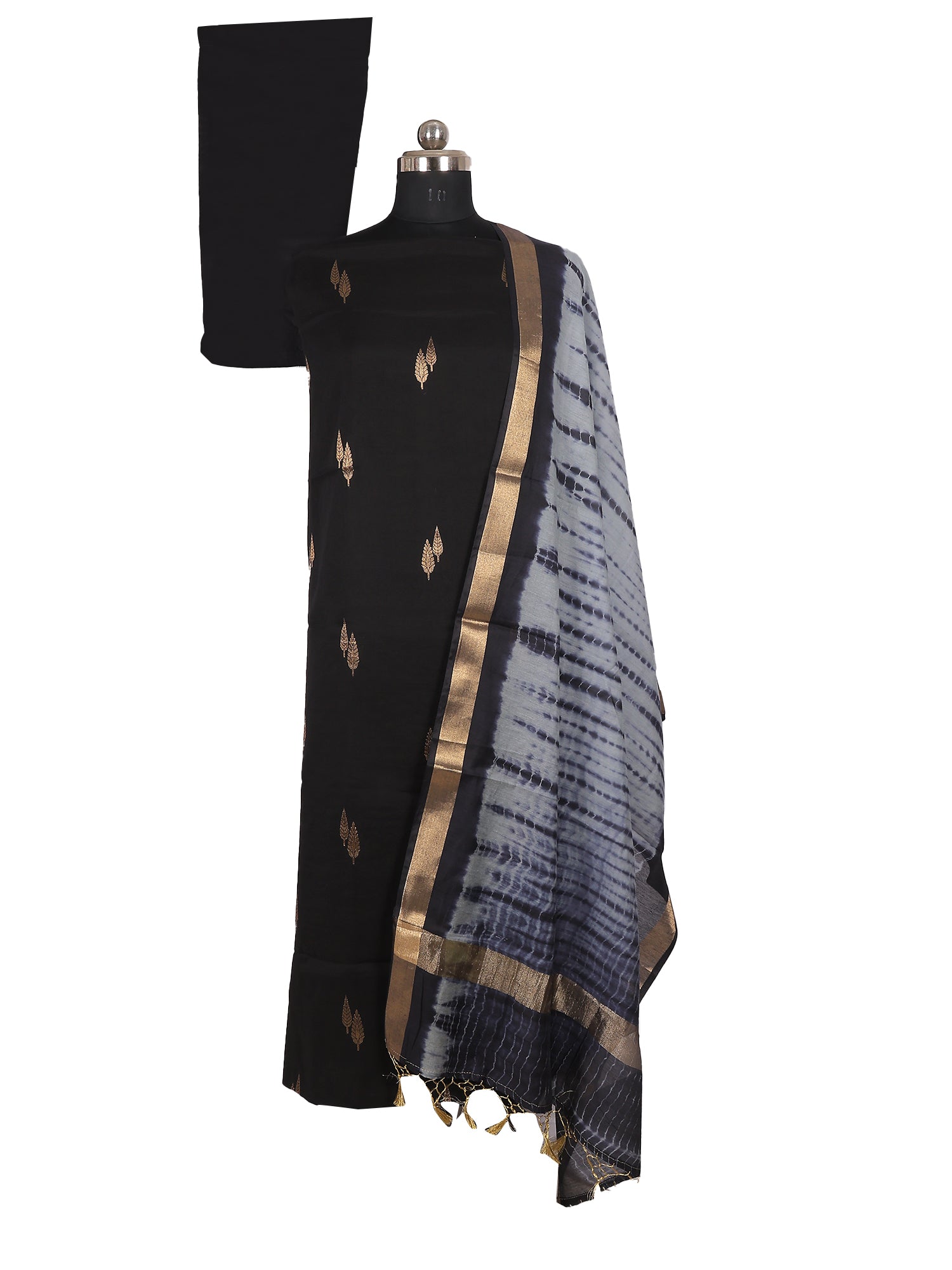 Banarasi Chanderi cotton suit with stitched pant in black, featuring elegant gold motifs and stylish drape.