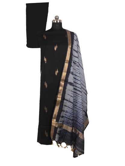 Banarasi Chanderi cotton suit with stitched pant in black, featuring elegant gold motifs and stylish drape.