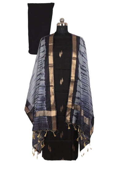 Banarasi Chanderi cotton suit with stitched pant featuring elegant black kurta and stylish dupatta.