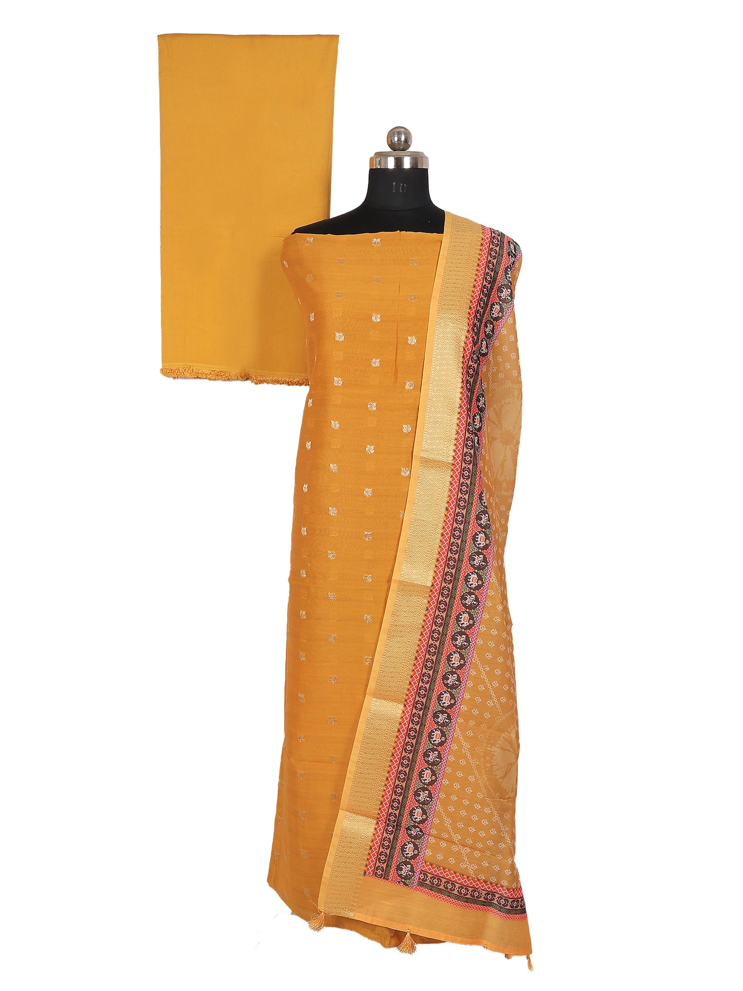 Premium Chanderi Silk 3 Piece Unstitched Suit with Zari Buti | Mustard Colour