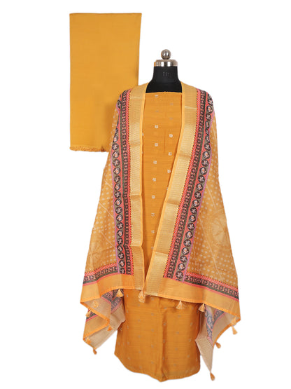 Premium Chanderi Silk 3 Piece Unstitched Suit with Zari Buti | Mustard Colour