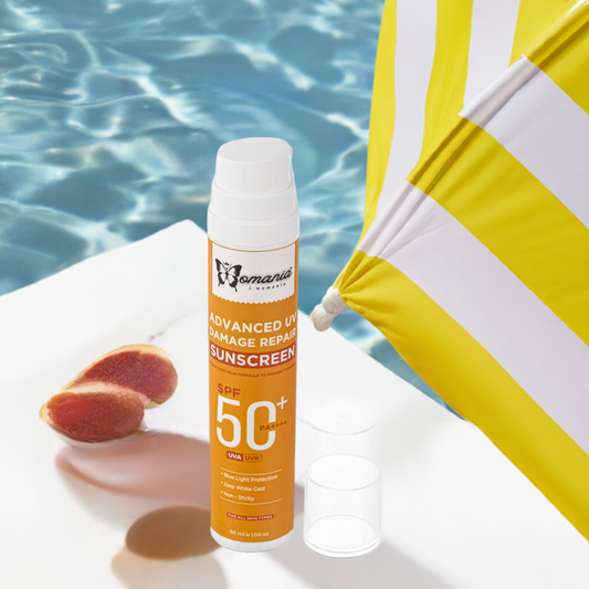 SPF50 + PA(++++), 50 ml advanced UV damage repair sunscreen bottle, offering high protection against sun exposure.